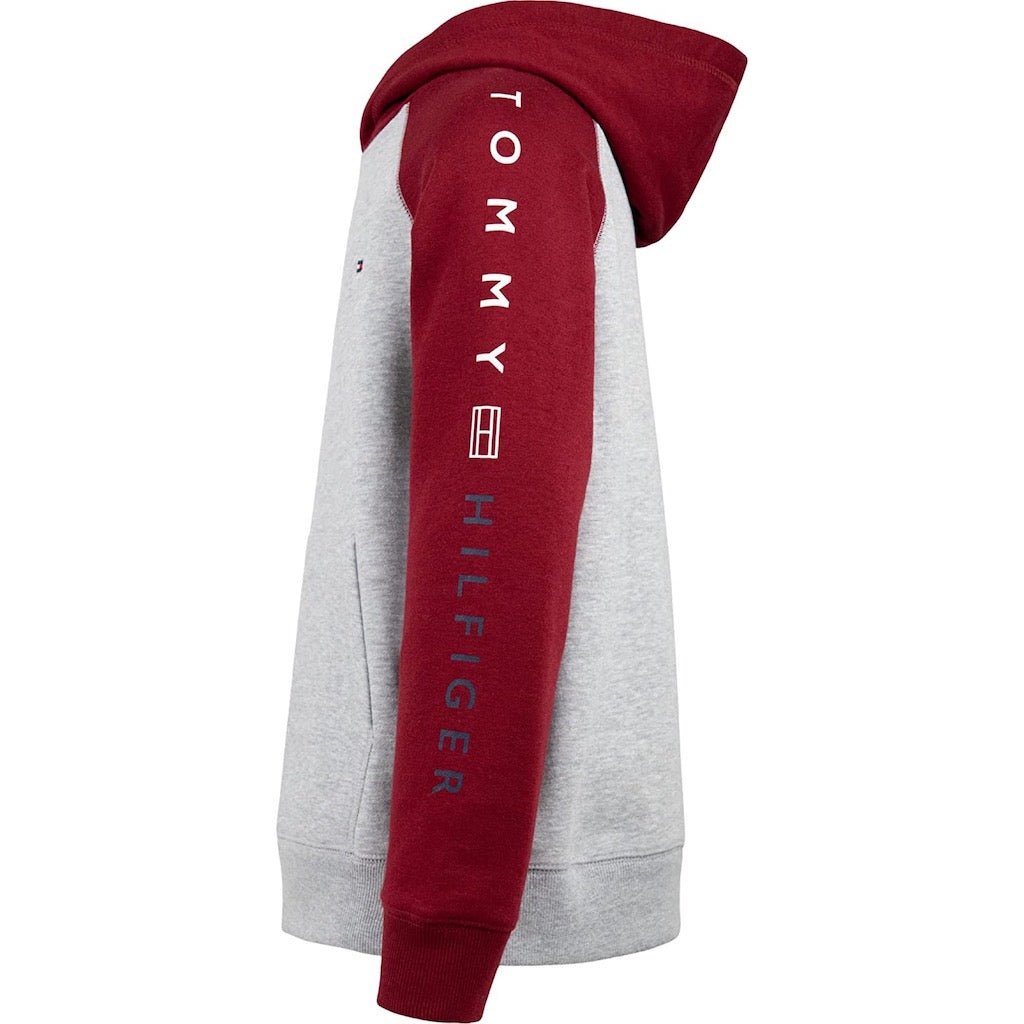Poleron Tommy Hilfiger Niño con Capuch Gris y Burdeo - Cozy Kids