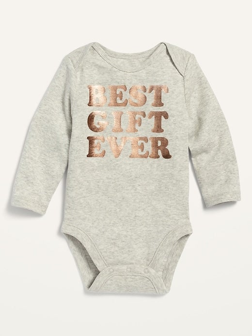 Body Bebé Niña Old Navy gris frase letra dorado el mejor regalo de todos